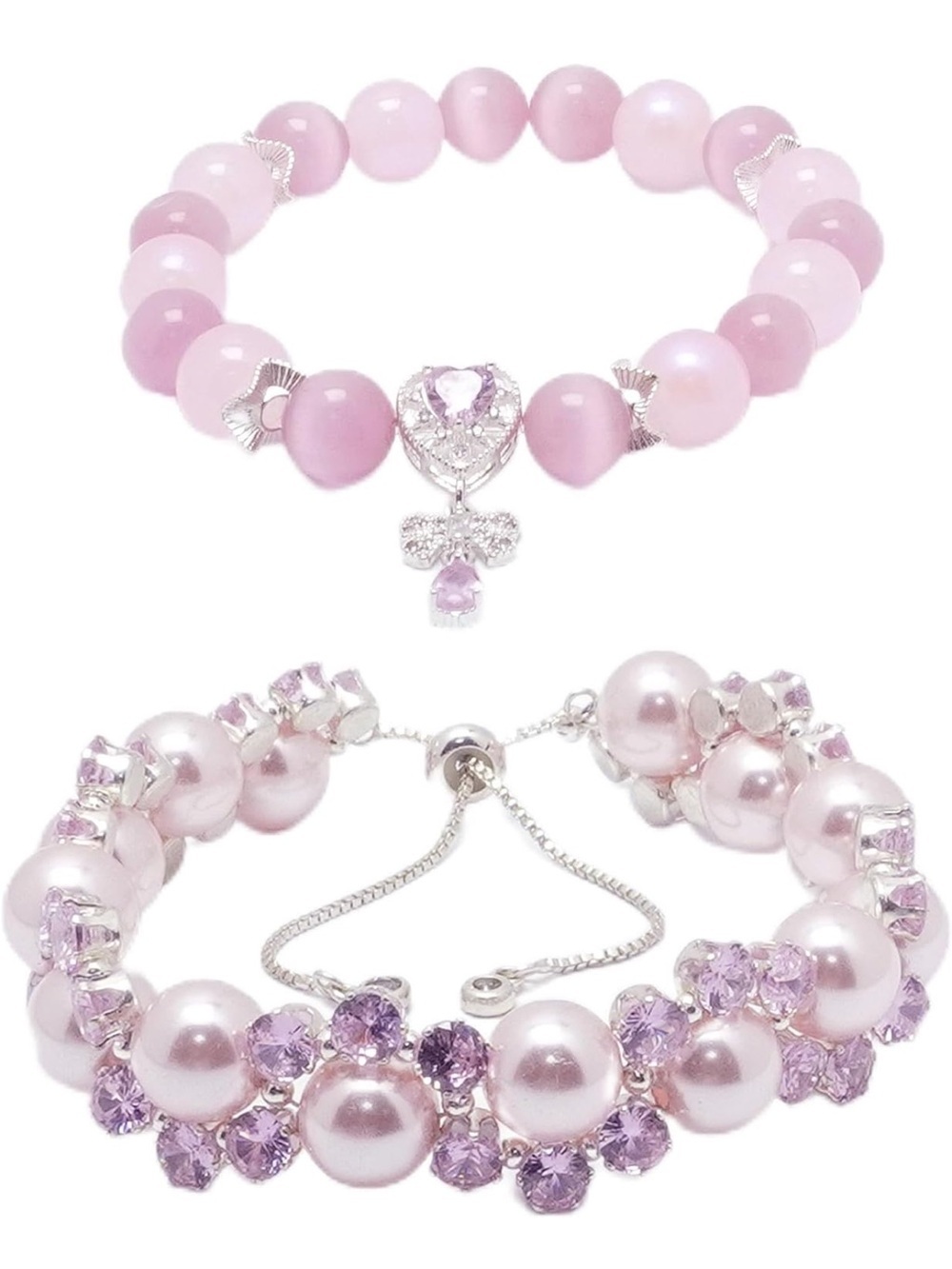 Anthropologie Pink Pearl & Crystal Bracelet Set